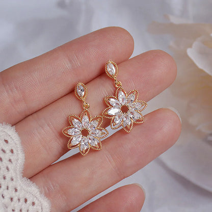 Korean Copper Micro-set Zircon Crystal Flower Earrings Female