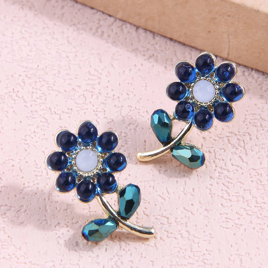 Korean Fashion Blue Crystal Flower Female Stud Earrings