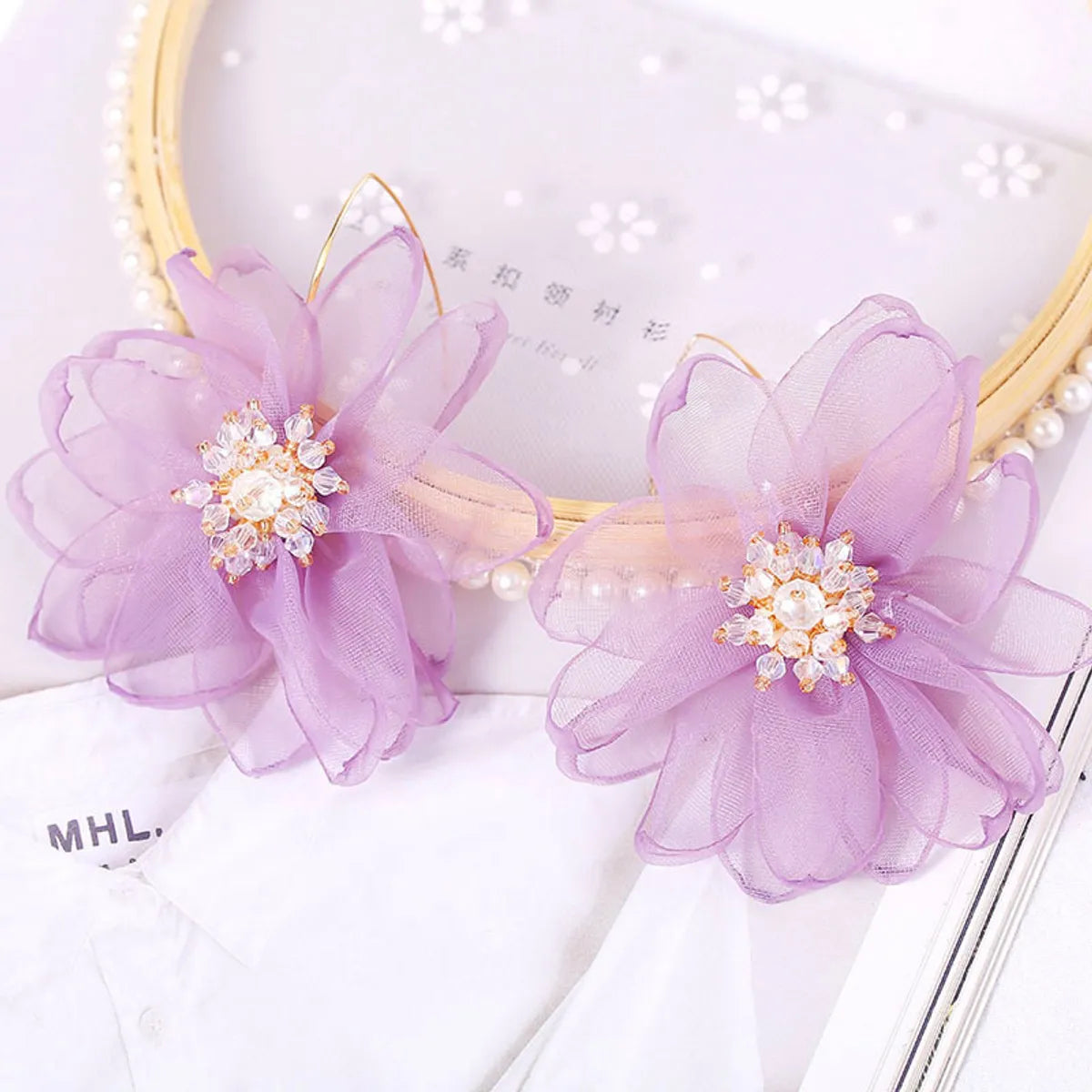 Korean Fashion  Exaggerated Mesh Gauze Flower  Rhinestones Earrings Jewelry Wholesale Nihaojewelry