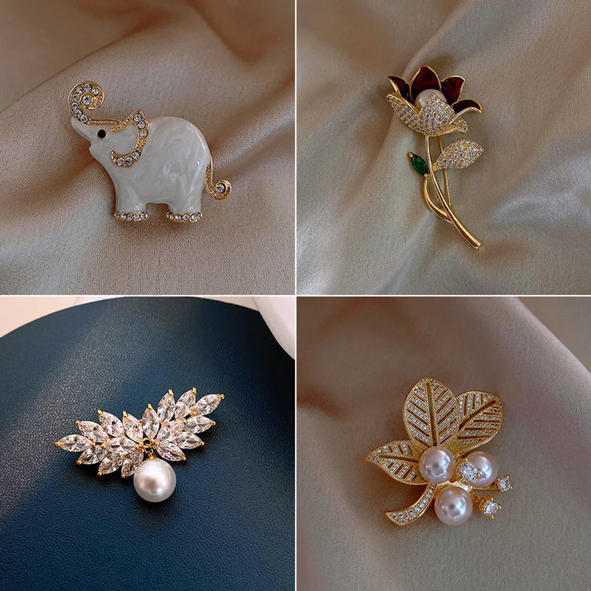 Korean Fashion Flower Pearl Elephant Owl Leaf Alloy Brooch