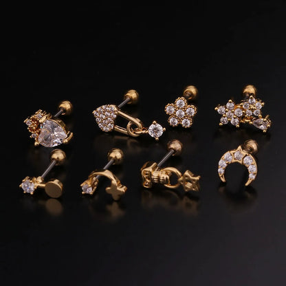 Korean Fashion Flower Zircon Ear Bone Nails Stainless Steel Screw Earrings