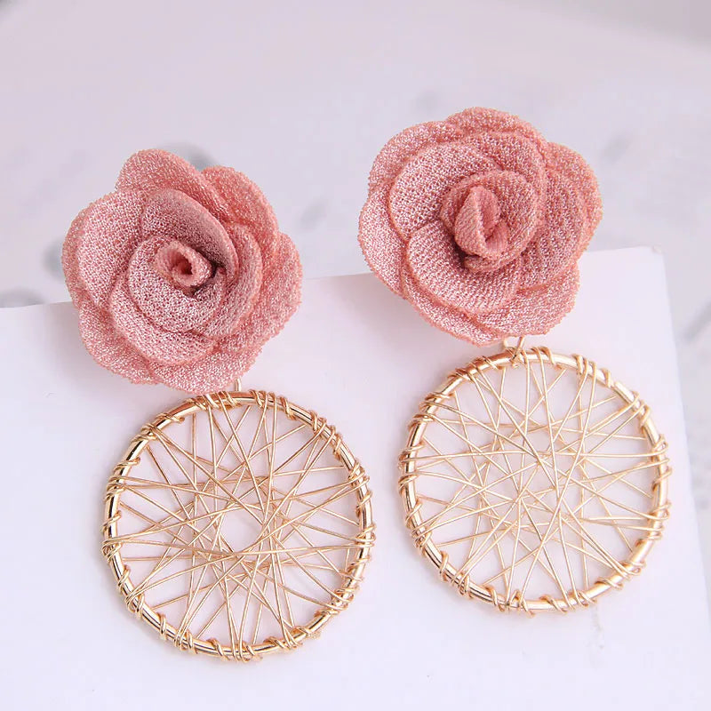 Korean Fashion Sweet Flower Metal Capture Mesh Stud Earrings Fahsion Jewelry Wholesale