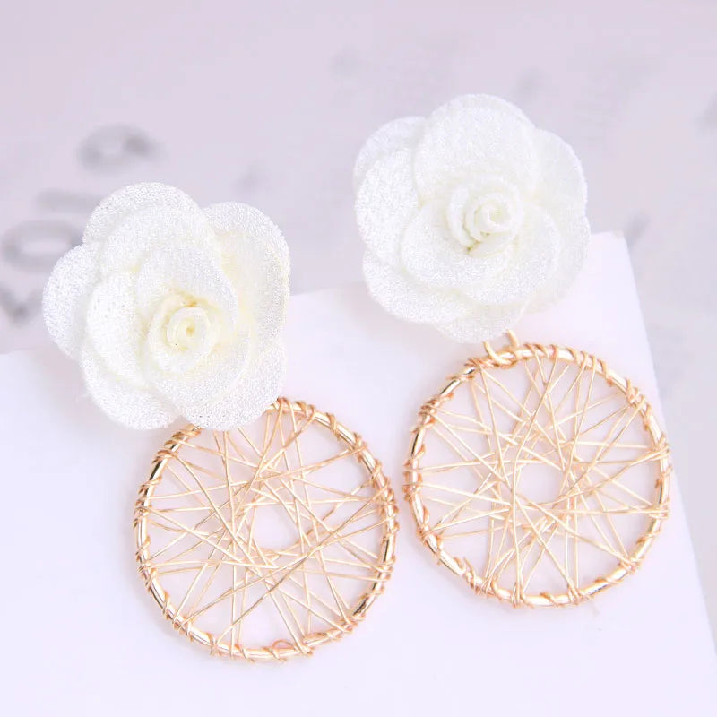 Korean Fashion Sweet Flower Metal Capture Mesh Stud Earrings Fahsion Jewelry Wholesale