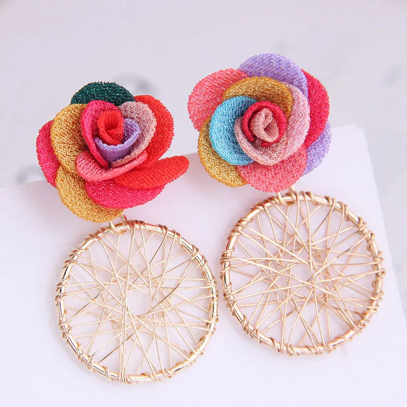 Korean Fashion Sweet Flower Metal Capture Mesh Stud Earrings Fahsion Jewelry Wholesale