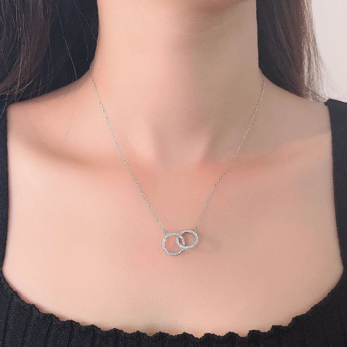 Korean Female Design Full Diamond Double Ring Pendant S925 Silver Necklace Wholesale