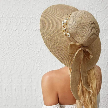 Korean Flower Hemp Strap Straw Hat Women Wide-Brimmed Sunshade Cap