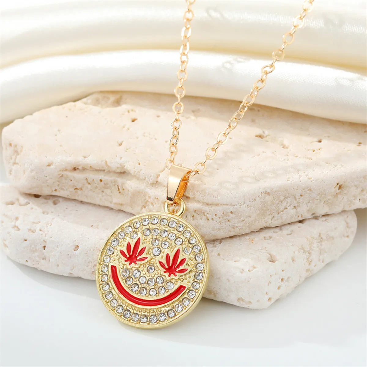 Korean Full Diamond Round Smiley Face Necklace Creative Maple Leaf Smiley Face Pendant