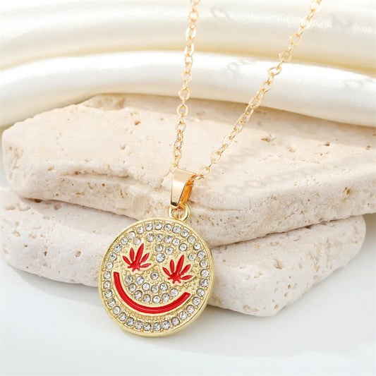 Korean Full Diamond Round Smiley Face Necklace Creative Maple Leaf Smiley Face Pendant