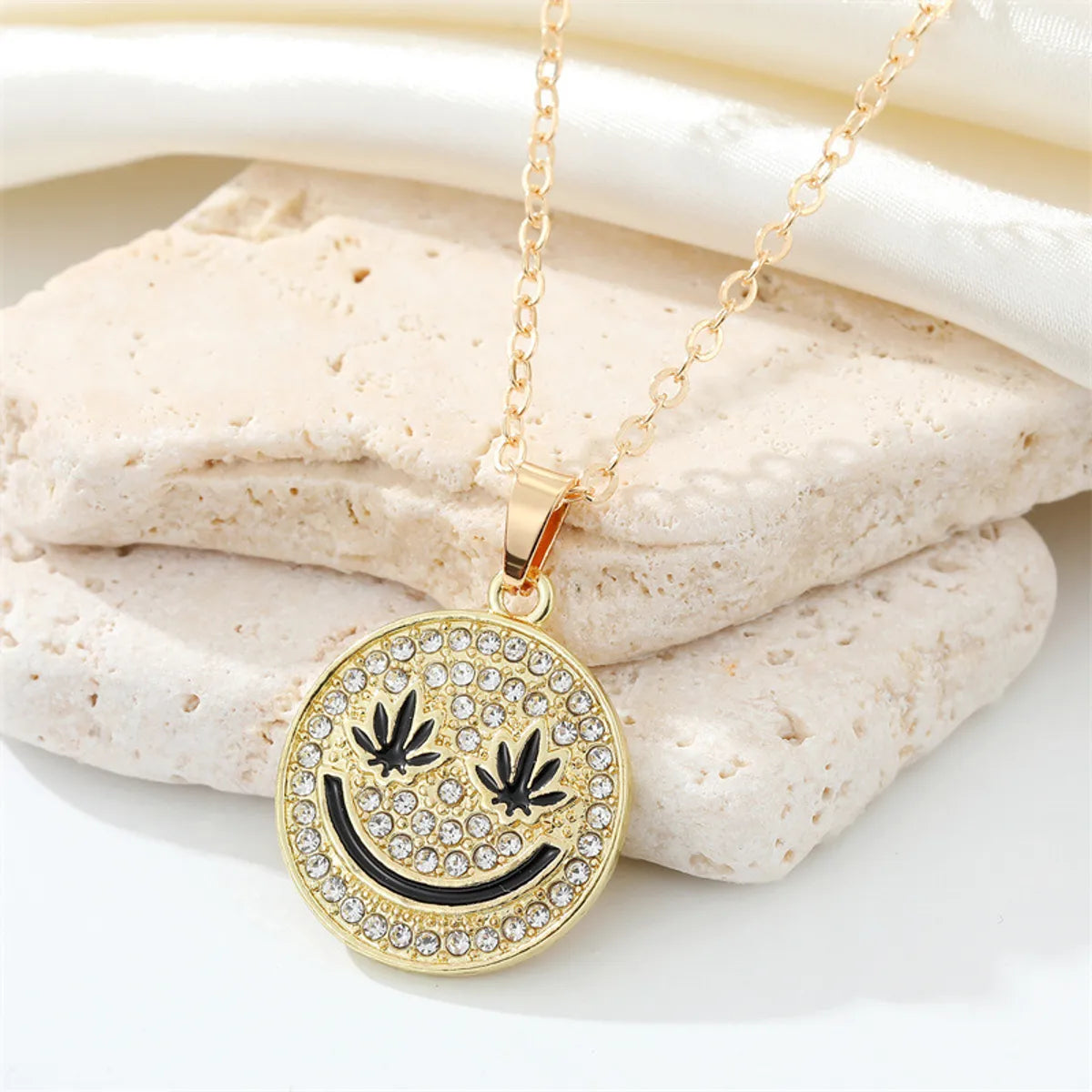 Korean Full Diamond Round Smiley Face Necklace Creative Maple Leaf Smiley Face Pendant