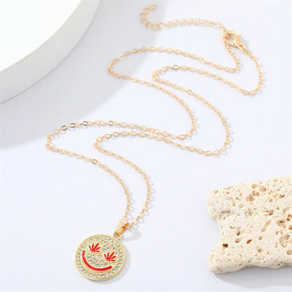 Korean Full Diamond Round Smiley Face Necklace Creative Maple Leaf Smiley Face Pendant