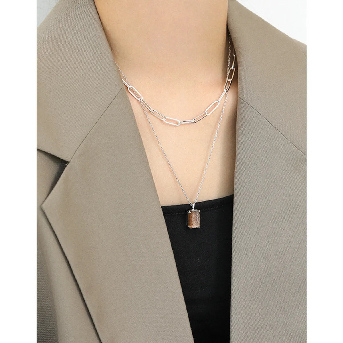 Korean Geometric Chain Clavicle S925 Sterling Silver Necklace Female