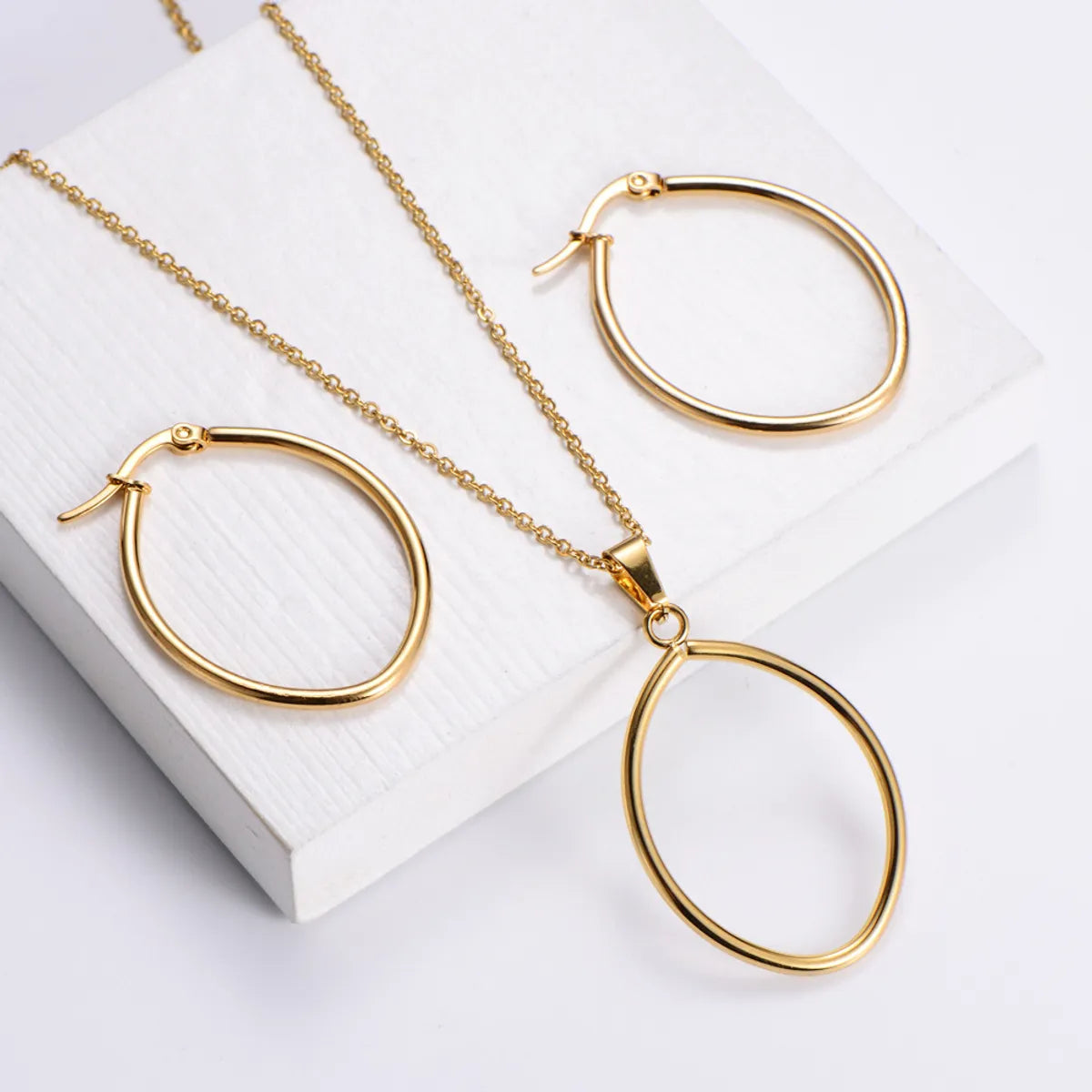 Korean Glossy Stainless Steel Oval Necklace Earrings Set Wholesale