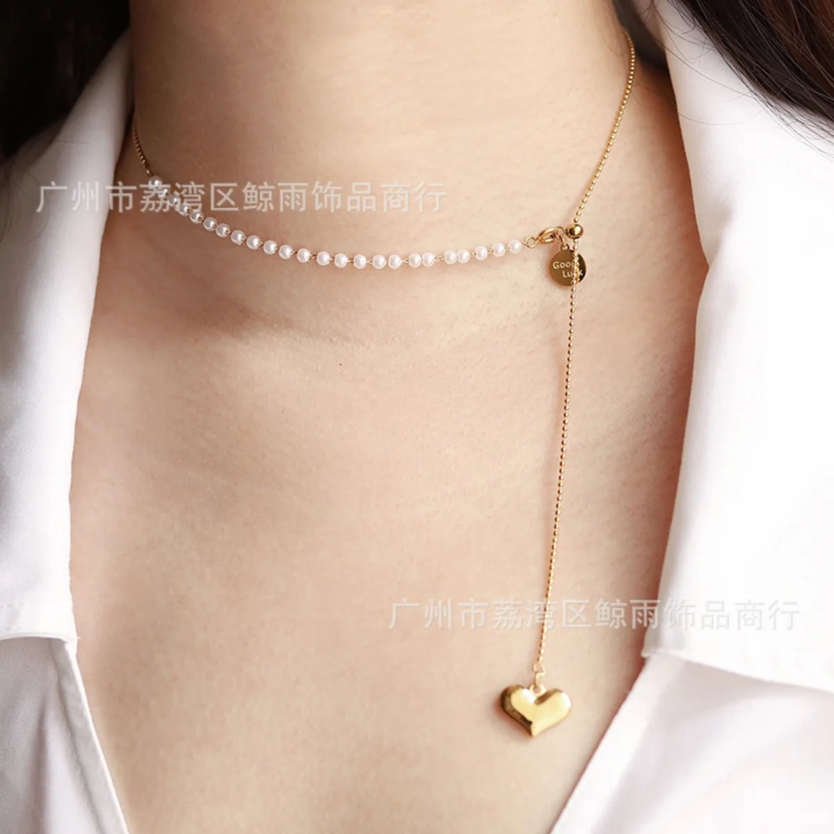 Korean Heart Long Tassel Pearl Titanium Steel Necklace