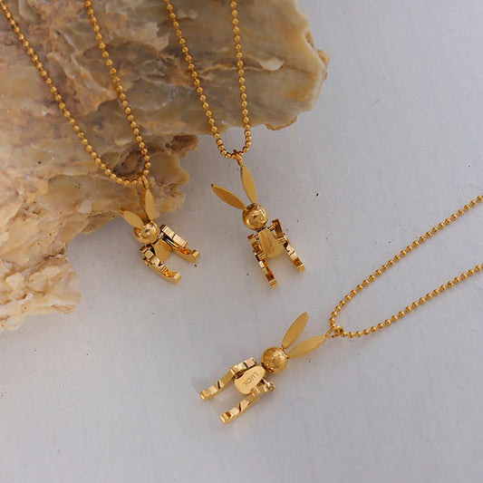 Korean New Animal Mechanical Rabbit Necklace Titanium Steel Plated 18k Real Gold Jewelry