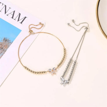 Korean New Fashion Literary Sweet Beaded Adjustable Micro-set Zircon Bow Bracelet