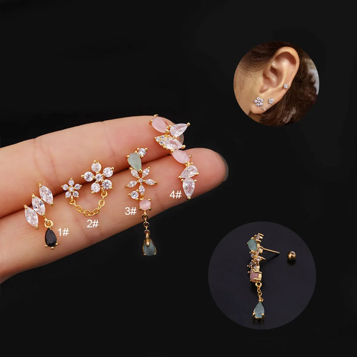 Flower Inlaid Zircon Metal Earrings