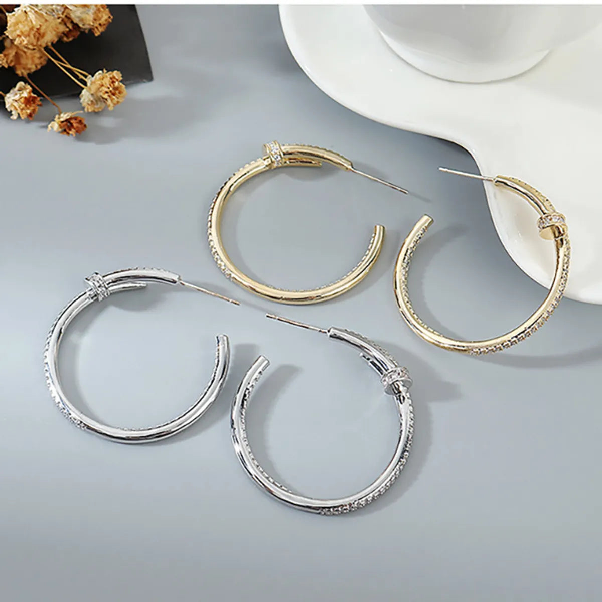 Korean Personality Exaggerated Nail Hoop Zircon Earrings