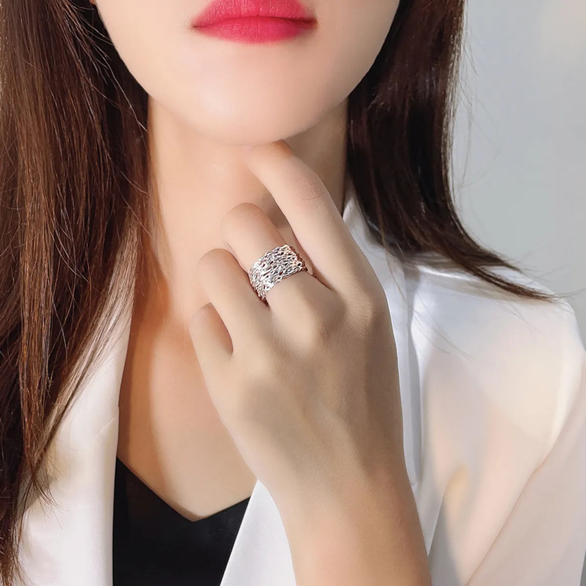 Korean S925 Silver Simple Irregular Geometric Texture Texture Open Ring Wholesale