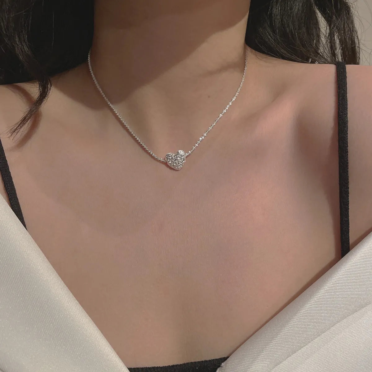 Korean S925 Sterling Silver Folds Heart-shaped Lavicle Chain Silver Jewelry