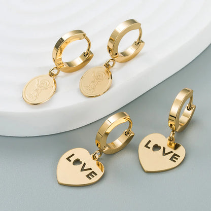 Korean Simple Heart-shaped Virgin Mary Letter Titanium Steel Earrings