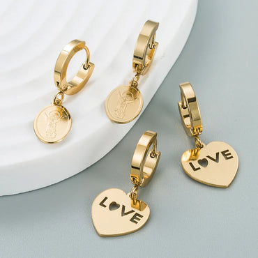 Korean Simple Heart-shaped Virgin Mary Letter Titanium Steel Earrings