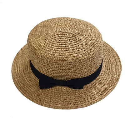 Korean Straw Hat Shading Hat Summer Flat-Brimmed Bow Straw Flat Top Hat