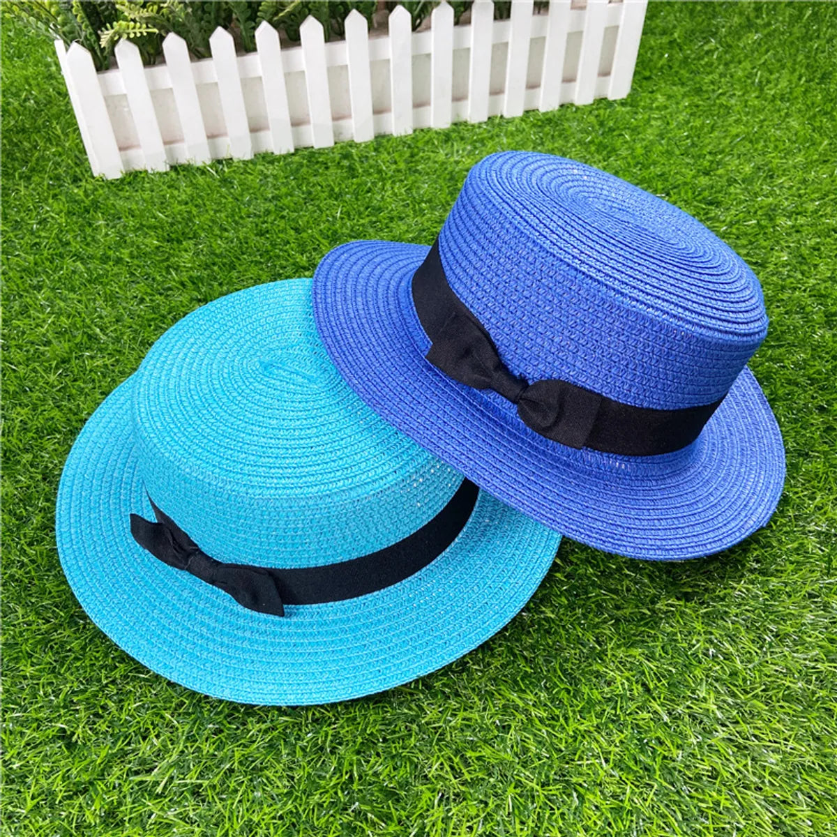 Korean Straw Hat Shading Hat Summer Flat-Brimmed Bow Straw Flat Top Hat