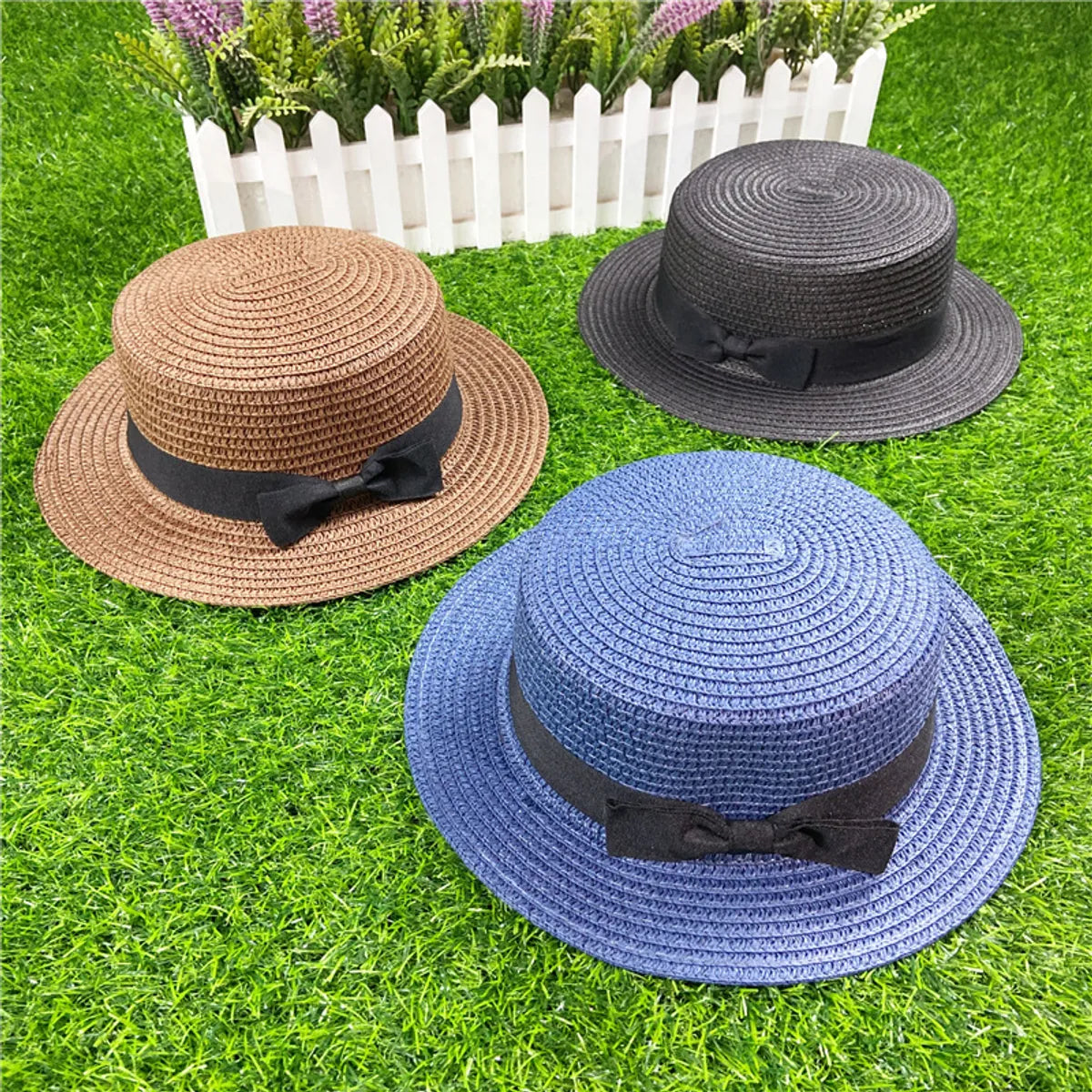 Korean Straw Hat Shading Hat Summer Flat-Brimmed Bow Straw Flat Top Hat