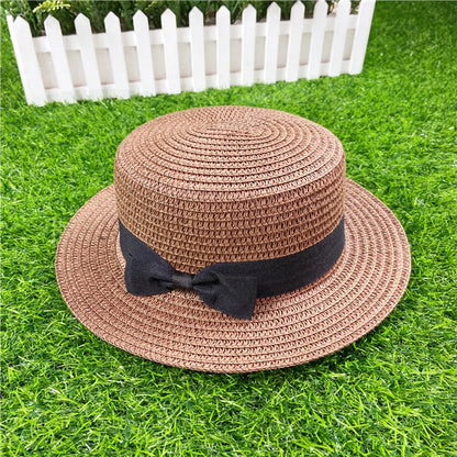 Korean Straw Hat Shading Hat Summer Flat-Brimmed Bow Straw Flat Top Hat