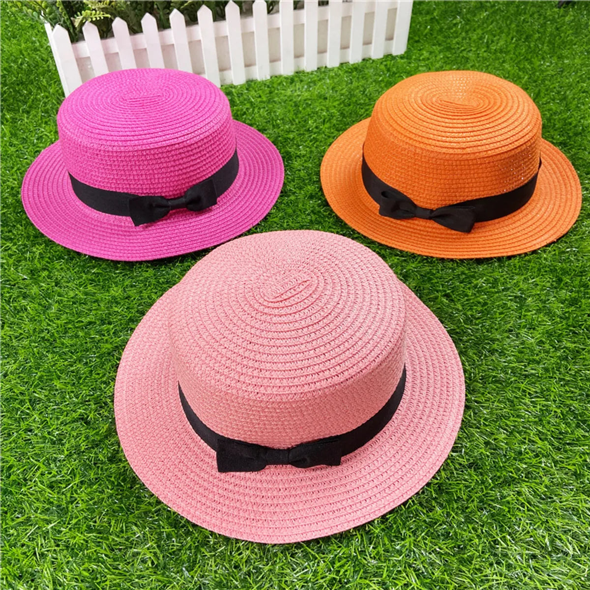 Korean Straw Hat Shading Hat Summer Flat-Brimmed Bow Straw Flat Top Hat