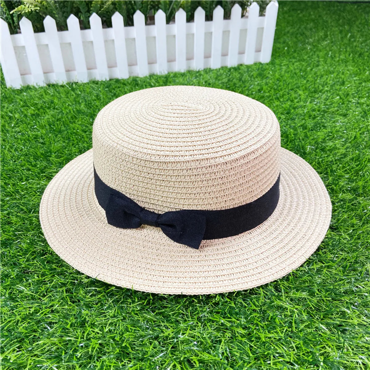 Korean Straw Hat Shading Hat Summer Flat-Brimmed Bow Straw Flat Top Hat