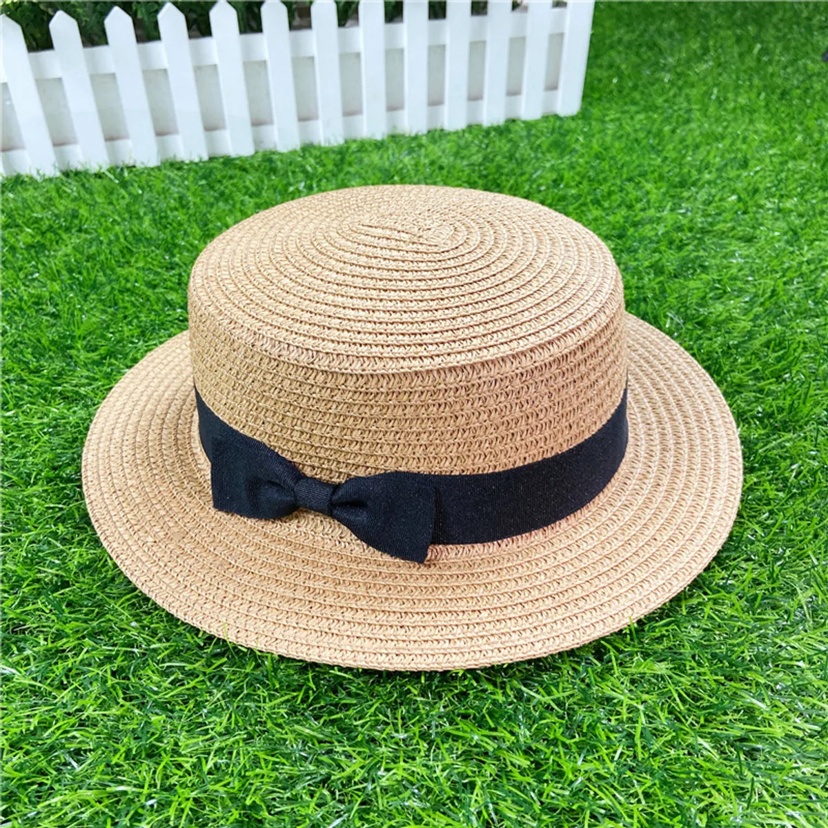 Korean Straw Hat Shading Hat Summer Flat-Brimmed Bow Straw Flat Top Hat