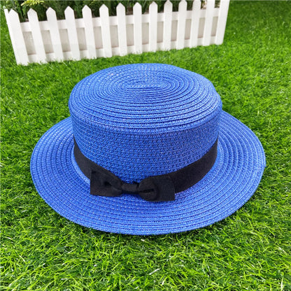 Korean Straw Hat Shading Hat Summer Flat-Brimmed Bow Straw Flat Top Hat