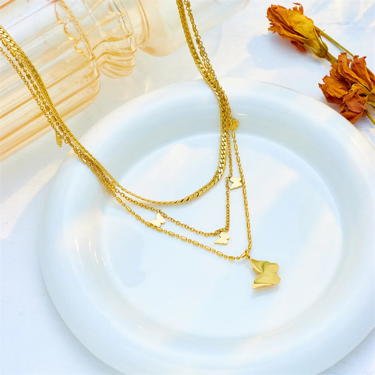 Korean Style Butterfly Titanium Steel Layered Plating 18k Gold Plated Layered Necklaces