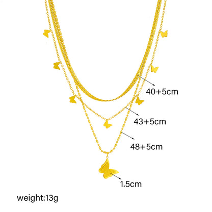 Korean Style Butterfly Titanium Steel Layered Plating 18k Gold Plated Layered Necklaces