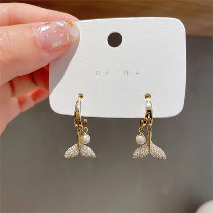 Korean Style Fashion Pearl Diamond Fishtail Earrings