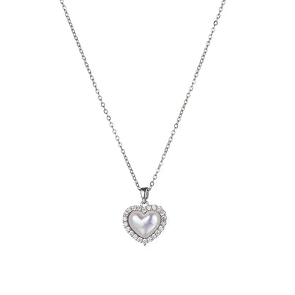 Korean Style Heart Shape Titanium Steel Plating Inlay Zircon Silver Plated Pendant Necklace