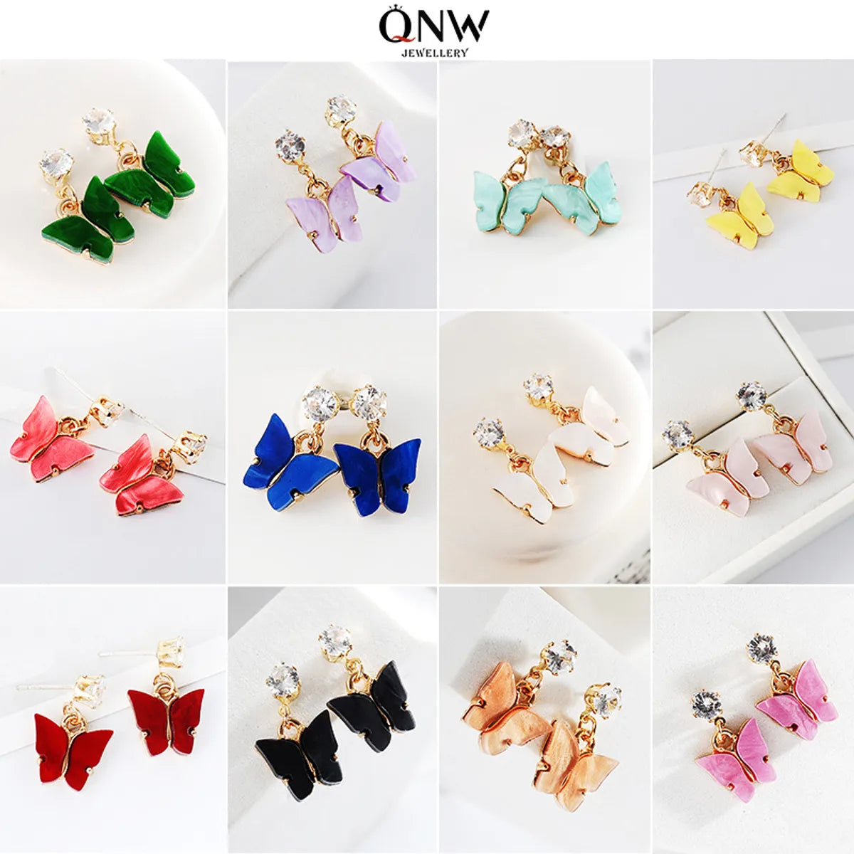 Korean Style Hot Selling Sweet Color Zircon Acrylic Butterfly Earrings Simple Earrings Wholesale Gooddiy