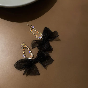 Korean Style Retro Fabric Bow Rhinestone Earrings