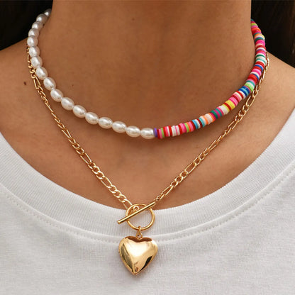 Korean Sweet Fashion Personality Imitation Pearl Soft  Heart Pendant Necklace