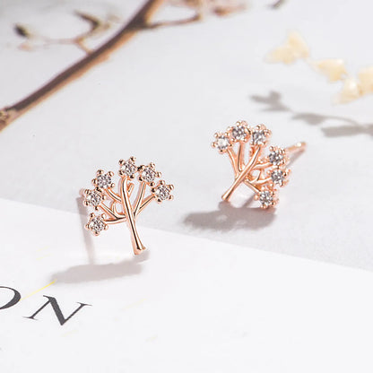 Korean Version Of Cute Silver-Plated Tree Of Life Earrings Plant Full Of Diamonds Tree Of Life Earrings