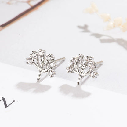 Korean Version Of Cute Silver-Plated Tree Of Life Earrings Plant Full Of Diamonds Tree Of Life Earrings