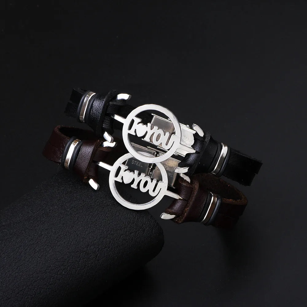 Korean Version Stainless Steel Letter Leather Bracelet Wholesale