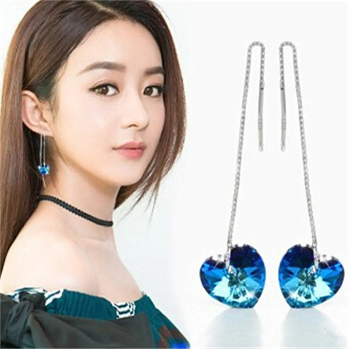 Ladies Sweet Elegant Romantic Blue Long Dress Heart Of The Ocean Eardrops Tassel Crystal Prom Party Earrings