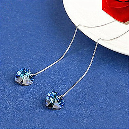 Ladies Sweet Elegant Romantic Blue Long Dress Heart Of The Ocean Eardrops Tassel Crystal Prom Party Earrings