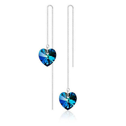 Ladies Sweet Elegant Romantic Blue Long Dress Heart Of The Ocean Eardrops Tassel Crystal Prom Party Earrings