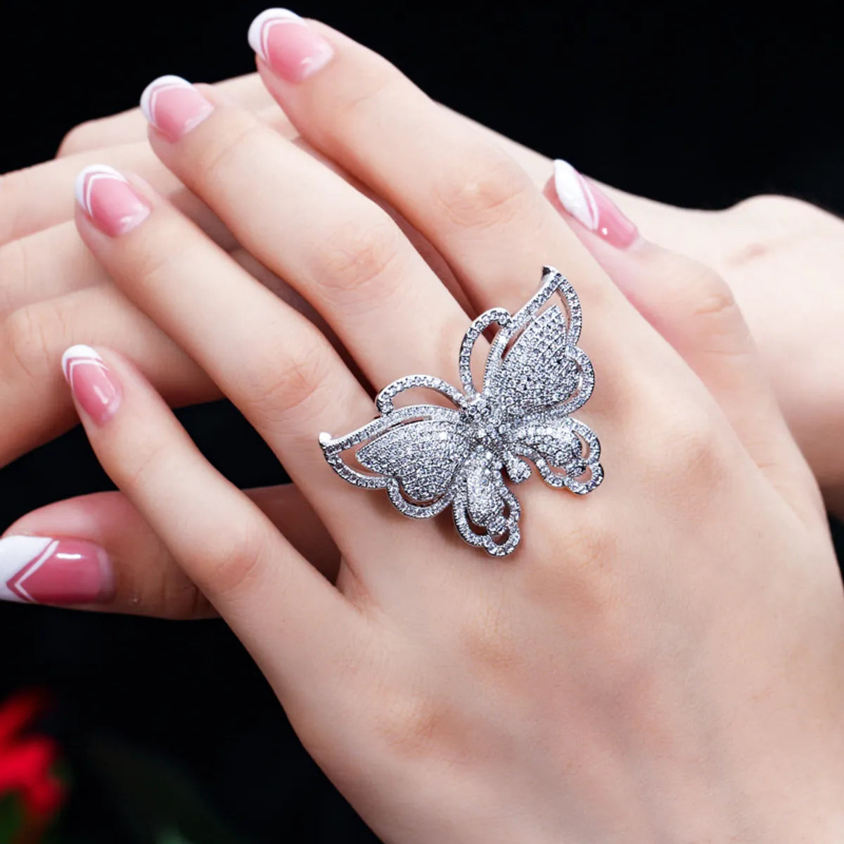 Lady Butterfly Copper Plating Inlay Zircon White Gold Plated Rhodium Plated Rings