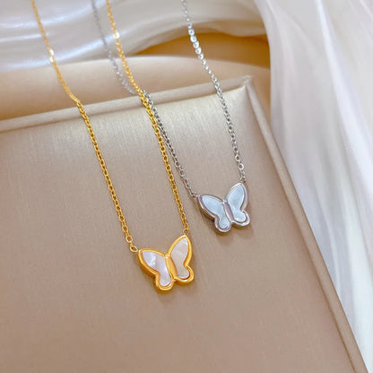 Lady Butterfly Shell Titanium Steel Plating Pendant Necklace 1 Piece