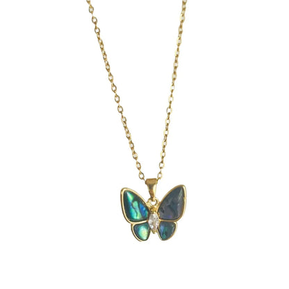 Lady Butterfly Titanium Steel Copper Plating Inlay Artificial Gemstones 18k Gold Plated Pendant Necklace