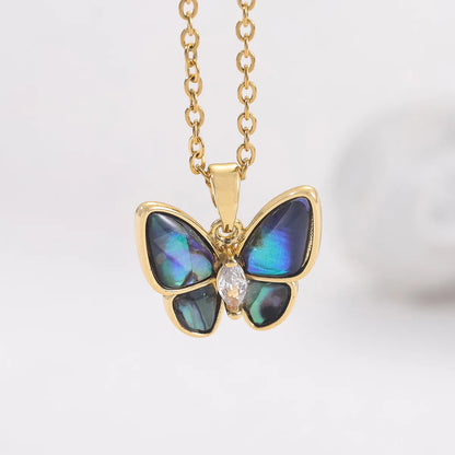 Lady Butterfly Titanium Steel Copper Plating Inlay Artificial Gemstones 18k Gold Plated Pendant Necklace